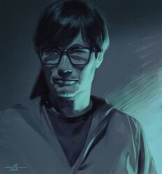 1boy beard commentary_request facial_hair glasses green_theme jacket kojima_hideo looking_at_viewer male_focus monochrome pablo_uchida real_life shirt short_hair solo