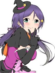 Rule 34 | 1girl, aqua eyes, black capelet, black gloves, black hat, blush, breasts, capelet, cleavage, commentary request, dancing stars on me!, elbow gloves, gloves, hair ribbon, hat, highres, liz (piyoko piyop), long hair, love live!, love live! school idol project, low twintails, medium breasts, mini hat, mini witch hat, official alternate costume, partial commentary, purple hair, purple ribbon, purple shirt, ribbon, shirt, simple background, solo, tojo nozomi, twintails, upper body, v, v over mouth, white background, witch hat