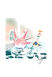 1girl :d asymmetrical_hair bare_arms barefoot closed_eyes corsola creatures_(company) feet game_freak gen_1_pokemon gen_2_pokemon goggles highres misty_(pokemon) nintendo open_mouth orange_hair outdoors pokemon pokemon_(anime) pokemon_(classic_anime) ponytail riding riding_pokemon shirt shorts side_ponytail sleeveless sleeveless_shirt smile standing water