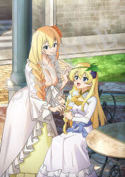 2girls anime_coloring blonde_hair blue_eyes blue_streaks blush braid breasts chair child cleavage closed_mouth collarbone darkness_(konosuba) dress earrings food food-themed_hair_ornament fruit grape_hair_ornament grapes green_hairband hair_between_eyes hair_ornament hairband iris_(konosuba) jewelry kikuta_kouichi kono_subarashii_sekai_ni_shukufuku_wo! large_breasts long_hair long_sleeves multiple_girls official_art on_chair open_mouth pillar sample_watermark side_braid sitting small_breasts smile standing table watermark white_dress