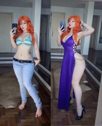 Rule 34 | 1girl, armpits, bikini, cosplay, fegalvao, full body, highres, legs, long hair, mirror selfie, nami (one piece), nami (one piece) (cosplay), nami (one piece) (return to sabaody), nami (one piece) (zou), navel, one piece, orange hair, photo (medium), presenting, real life, selfie, sexually suggestive, solo, swimsuit