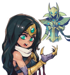 1boy 1girl armor azir bare_shoulders black_hair breasts colored_skin cropped_torso gold_armor green_eyes helm helmet league_of_legends long_hair medium_breasts nintendo open_mouth phantom_ix_row scarf shiny_skin simple_background sivir teeth the_legend_of_zelda the_legend_of_zelda:_tears_of_the_kingdom upper_body upper_teeth_only white_background
