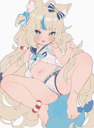 1girl :3 ahoge animal_ear_fluff animal_ears armpit_crease bare_arms bikini blonde_hair blue_eyes blue_hair blue_nails blue_neckerchief blue_sailor_collar bow buttons collar dress fang feet fins fish_girl fish_tail fokkahim7 grabbing_own_hair hair_bow hand_up highleg highleg_bikini highres indie_virtual_youtuber legs_folded lifebuoy_hair_ornament long_hair looking_at_viewer low_twintails lying mesugaki multicolored_hair nail_polish navel neckerchief one_side_up open_mouth paper_boat sailor_collar sameko_saba scrunchie short_shorts shorts simple_background skin_fang sleeveless sleeveless_dress smile smug solo spread_legs streaked_hair striped_bikini striped_clothes swimsuit tail twintails unbuttoned very_long_hair virtual_youtuber white_background white_dress white_shorts wrist_scrunchie