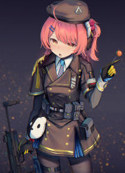 1girl absurdres ahoge bear_charm belt_pouch beret black_gloves blue_necktie breasts brown_hat brown_pantyhose candy cheeta_(girls&#039;_frontline_2) coat_dress collared_shirt commentary_request cowboy_shot dress food girls&#039;_frontline girls&#039;_frontline_2:_exilium gloves gun h&amp;k_mp7 hair_bobbles hair_ornament hairclip hat highres holding holding_candy holding_food holding_lollipop lollipop long_hair looking_at_viewer mp7_(girls&#039;_frontline) necktie open_mouth orange_hair pantyhose personal_defense_weapon pouch shirt short_sleeves simple_background solo submachine_gun tane_030 thigh_strap weapon yellow_eyes yellow_gloves