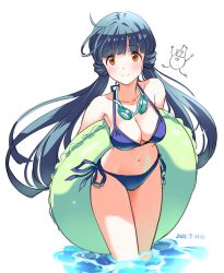 1girl bikini blue_bikini blue_hair breasts brown_eyes collarbone commentary_request damokan66 dated goggles goggles_around_neck green_innertube halterneck highres holding holding_swim_ring idolmaster idolmaster_million_live! idolmaster_million_live!_theater_days innertube kitakami_reika long_hair looking_at_viewer navel side-tie_bikini_bottom solo swim_ring swimsuit twintails wading water