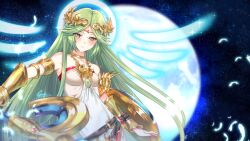 1girl arm_shield chain circlet feathers gold_chain green_eyes green_hair highres holding holding_staff kid_icarus kid_icarus_uprising lazoomaiga long_hair moon night night_sky nintendo palutena shield signature sky solo sparkle staff star_(sky) vambraces very_long_hair