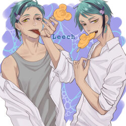 2boys blue_hair commentary_request floyd_leech food green_eyes grey_tank_top hand_up heterochromia highres holding holding_food holding_popsicle hot jade_leech licking licking_hand looking_at_viewer male_focus mickey_mouse mickey_mouse_&amp;_friends mouth_hold multiple_boys popsicle purple_background sharp_teeth shirt short_hair sweat tank_top teeth tongue tongue_out twisted_wonderland ukichan12011 white_shirt yellow_eyes