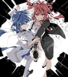 2girls akuma_no_riddle azuma_tokaku black_skirt blue_eyes blue_hair breasts business_suit formal_clothes formal_clothes high-waist_skirt highres ichinose_haru long_hair looking_at_viewer minakata_sunao multiple_girls pencil_skirt red_eyes red_hair shirt shirt_tucked_in skirt skirt_suit smile suit white_shirt