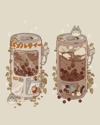 angie_nguyen arcade_stick bubble_tea cable cloud commentary controller cup disposable_cup english_commentary food_focus game_controller grey_background highres joystick leaf no_humans simple_background sparkle tonari_no_totoro totoro water_drop
