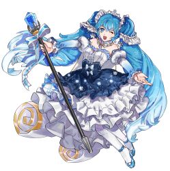 1girl absurdres bare_shoulders blue_eyes blue_hair chya detached_collar dress earrings fortissimo frilled_dress frills hair_between_eyes hair_ornament hatsune_miku highres holding holding_staff jewelry long_hair long_sleeves musical_note musical_note_hair_ornament official_alternate_costume official_alternate_hairstyle one_eye_closed open_mouth puffy_long_sleeves puffy_sleeves simple_background smile snowflake_hair_ornament solo staff strapless strapless_dress thighhighs twintails very_long_hair vocaloid white_background white_thighhighs yuki_miku yuki_miku_(2019)