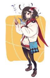 1girl ahoge allie_abel black_hair black_pantyhose boots border breasts brown_boots brown_shorts chopsticks commentary_request full_body hamayumiba_sou highres holding holding_chopsticks instant_ramen lace-up_boots long_hair long_shirt long_sleeves loose_hair_strand majo_no_hanaya-san neck_ribbon outside_border pantyhose purple_eyes red_sailor_collar ribbon sailor_collar shirt shorts sidelocks solo standing white_border white_shirt yellow_background