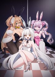 3girls alice_(nikke) alice_(wonderland_bunny)_(nikke) animal_ears black_leotard black_necktie black_pantyhose blanc_(nikke) blonde_hair blue_eyes breasts carrot_hair_ornament checkered_floor chiji_komari cleavage commentary_request fake_animal_ears fang food-themed_hair_ornament goddess_of_victory:_nikke hair_ornament high_heels highres large_breasts leotard long_hair multiple_girls necktie official_alternate_costume on_one_knee open_mouth pantyhose pink_hair pink_lips playboy_bunny rabbit_ears rabbit_pose rupee_(nikke) rupee_(rabbit_deluxe)_(nikke) skin_fang small_breasts tan twintails very_long_hair white_hair white_leotard white_pantyhose yellow_eyes