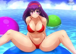 1girl absurdres arm_support asamiya_athena ball beachball bikini blush breasts cleavage cloud curvy female_focus flexible hairband highres large_breasts looking_at_viewer ocean outdoors pale_skin purple_eyes purple_hair red_bikini riding shiny_skin sitting sky smile smiley_face solo spread_legs star_(symbol) swimsuit the_king_of_fighters thick_thighs thighs water zel-sama