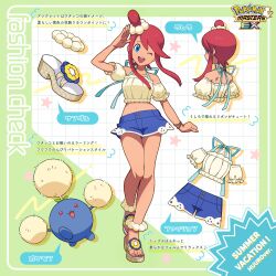 1girl absurdres bikini bikini_under_clothes blue_eyes blue_shorts commentary_request copyright_name crop_top gen_2_pokemon hair_ornament highres jumpluff looking_at_viewer midriff nintendo official_alternate_costume official_art open_mouth pokemon pokemon_(creature) pokemon_masters_ex red_hair sandals short_hair_with_long_locks shorts sidelocks skyla_(pokemon) skyla_(summer_2025)_(pokemon) smile swimsuit translation_request