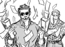 Rule 34 | 2boys, animification, arc reactor, avengers (series), banknote, cash cannon, closed mouth, collared shirt, commentary request, crossed arms, dishing, facial hair, falling money, greyscale, hands up, holding, holding cannon, korean commentary, long sleeves, looking at another, male focus, marvel, marvel cinematic universe, money, monochrome, multiple boys, pants, plaid clothes, plaid shirt, shirt, short hair, simple background, steve rogers, sunglasses, sweat, tony stark, upper body, v-shaped eyebrows, watch, wristwatch