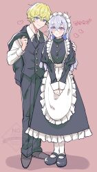 Rule 34 | 1boy, 1girl, absurdres, alternate costume, apron, black dress, black necktie, blonde hair, blue eyes, blush, dress, enmaided, formal clothes, frilled apron, frilled dress, frills, heart, highres, jacket, jacket over shoulder, juliet sleeves, kaguya (rune factory), long hair, long sleeves, maid, maid apron, maid headdress, mary janes, mauro (rune factory), momen mememe, necktie, pants, pantyhose, puffy sleeves, purple eyes, rune factory, rune factory: guardians of azuma, shirt, shoes, suit, unworn jacket, waist apron, white apron, white hair, white pantyhose, white shirt