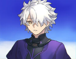 1boy ahoge armor black_armor capelet chickenuma_0 commentary_request fate/grand_order fate_(series) galahad_(fate) hair_over_one_eye knight looking_at_viewer male_focus one_eye_covered purple_capelet short_hair solo white_hair yellow_eyes