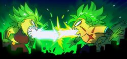 1girl blank_eyes breath_weapon broly_(dragon_ball_super) commentary_request crop_top dragon_ball dragon_ball_super dragon_ball_super_broly earrings energy energy_beam facial_scar fur_(clothing) jewelry kaiju kale_(dragon_ball) legendary_super_saiyan mouth_beam movie_reference muscular muscular_female muscular_male nanika_(nnkgh) pelt scar scar_on_cheek scar_on_chest scar_on_face spiked_hair super_saiyan topless_male