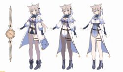 1girl ahoge animal_ears atelier_(series) atelier_resleriana bare_shoulders belt beret black_footwear black_pantyhose black_shorts boots breasts brown_belt brown_hair cat_ears closed_mouth coat dress full_body hat high_heel_boots high_heels highres jewelry long_hair long_sleeves looking_at_viewer medium_breasts multiple_views necklace official_art pantyhose prototype_design purple_shirt shirt short_hair shorts simple_background smile standing thigh_strap tokki valeria_(atelier) white_background white_coat white_hat