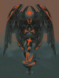 Rule 34 | 2others, arms behind back, biblically accurate angel, black wings, carrying, carrying person, creature, cross, crossed legs, dkaism, eye print, faceless, feathered wings, floating, grey hoodie, hood, hood up, hoodie, invisible chair, limited palette, mask, multiple others, multiple wings, original, sitting, skull mask, sun, wings