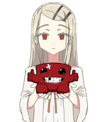 1boy 1girl blonde_hair ear_piercing empty_eyes gakuen_idolmaster grin hair_ornament hairclip idolmaster long_hair meat_boy mimimi222 missing_tooth orange_eyes piercing shinosawa_hiro simple_background smile super_meat_boy thumbs_up trait_connection white_background