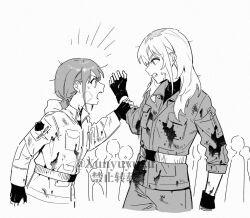 2girls bandaid bandaid_on_face blood blood_on_clothes chinese_commentary commentary_request fingerless_gloves girls_band_cry gloves greyscale iseri_nina jacket kawaragi_momoka long_hair low_twintails monochrome multicolored_hair multiple_girls open_mouth people roots_(hair) short_twintails sweatdrop twintails xunyu_(manyu)