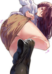 Rule 34 | 1girl, ass, black pantyhose, clothes pull, collared shirt, feet out of frame, from below, gundou mirei, highres, lamb (hitsujiniku), long sleeves, nijisanji, pantyhose, purple eyes, purple hair, shirt, skirt, skirt pull, solo, standing, undressing, upper body, virtual youtuber, white background, white shirt