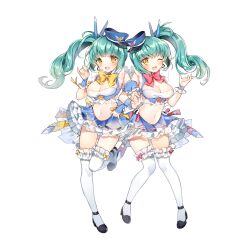 2girls artist_request black_footwear black_straps blue_hair blue_skirt blue_sleeves blush bow bow_legwear bowtie breasts cleavage collar eggy_(final_gear) final_gear frilled_wrist_cuffs frills full_body gloves green_hair hairband hat hat_ornament highres idol large_breasts leg_up locked_arms looking_at_viewer microphone midriff multiple_girls navel official_art onigiri_ornament open_mouth peaked_cap peggy_(final_gear) pink_bow pink_bowtie pink_ribbon pleated_skirt puffy_sleeves ribbon ribbon-trimmed_skirt ribbon-trimmed_thighhighs ribbon_trim see-through_clothes short_sleeves siblings side_ponytail sidelocks simple_background single_glove single_sleeve single_wrist_cuff sisters skirt star_(symbol) star_hat_ornament star_ornament tachi-e teeth thighhighs third-party_source tongue transparent_background twins upper_teeth_only white_collar white_thighhighs wrist_cuffs yellow_bow yellow_bowtie yellow_eyes yellow_ribbon
