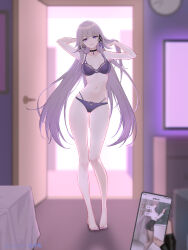 1girl 1other annotated arms_up artist_name barefoot bedroom black_choker black_gloves bra breasts brown_hair cellphone choker commentary fingerless_gloves full_body gloves gradient_hair hair_ribbon hands_in_own_hair hashtag-only_commentary herta_(honkai:_star_rail) highres holding holding_phone honkai:_star_rail honkai_(series) indoors jewelry key key_necklace long_hair looking_at_viewer making-of_available medium_breasts multicolored_hair nail_polish navel necklace paid_reward_available panties parted_lips phone pov pov_hands purple_bra purple_eyes purple_hair purple_nails purple_panties purple_ribbon ribbon smartphone solo_focus stomach the_herta_(honkai:_star_rail) thighs toenail_polish toenails underwear underwear_only very_long_hair yunkaiming