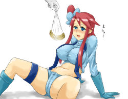 10s 1girl blue_eyes boots breasts female_focus gym_leader hair_ornament hypnosis imminent_rape ka-9 large_breasts legs long_hair mind_control nintendo pokemon pokemon_bw red_hair simple_background skyla_(pokemon) solo spread_legs thick_thighs thighs white_background