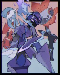 3woomy3 alternate_color arm_blade armor black_fur blue_hair blue_skin bob_cut ceruledge closed_eyes colored_skin fangs fire gardevoir gen_2_pokemon gen_3_pokemon gen_5_pokemon helmet highres insect_wings multicolored_skin nintendo pokemon pokemon_(creature) purple_eyes scizor shiny_pokemon smile two-tone_skin umbreon volcarona weapon white_skin wings yawning