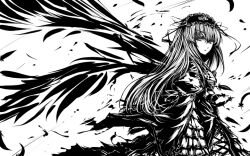 1girl acryl breasts dress feathers flower frills gothic_lolita hairband lolita_fashion lolita_hairband long_hair long_sleeves looking_at_viewer monochrome rozen_maiden solo suigintou wings
