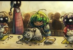4girls aged_down ahoge cat clay duplicate eating empty_eyes frog frog_hair_ornament green_hair hair_ornament head_only indoors kochiya_sanae koto_inari letterboxed multiple_girls one-hour_drawing_challenge rabbit sculpting silhouette smile snake table tongue tongue_out touhou