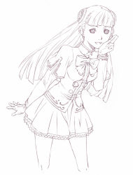 1girl blunt_bangs bow bowtie capcom capcom_fighting_jam female_focus gloves greyscale hairpods ingrid_(capcom) lineart long_hair long_sleeves looking_at_viewer monochrome nyaou pantyhose simple_background solo very_long_hair white_background