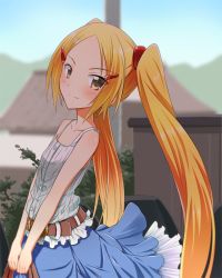 1girl aoyama_mio belt blonde_hair blue_skirt blush female_focus flat_chest hair_ornament hairclip happy kami_nomi_zo_shiru_sekai long_hair looking_at_viewer skirt smile solo standing twintails very_long_hair yuto_(dialique)