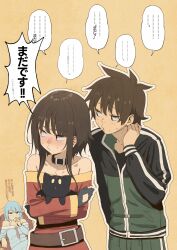 ... 1boy 2girls animal aqua_(konosuba) bare_shoulders belt black_cat black_choker black_gloves black_jacket blush brown_belt brown_hair cat check_translation choker collarbone fingerless_gloves gloves green_hair green_jacket green_pants highres holding holding_animal izawa_(bhive003) jacket kono_subarashii_sekai_ni_shukufuku_wo! long_sleeves megumin multiple_girls orange_background pants satou_kazuma short_hair sidelocks speech_bubble translation_request