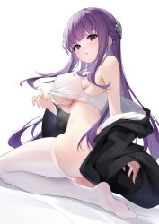 Rule 34 | 1girl, absurdres, black coat, blunt bangs, blush, bottomless, breasts, coat, covered erect nipples, crop top, fern (sousou no frieren), floating hair, from below, from side, highres, k.t.cube, large breasts, long hair, looking at viewer, open clothes, open coat, open mouth, purple eyes, purple hair, purple pupils, seiza, sideboob, sidelocks, simple background, sitting, soles, solo, sousou no frieren, thighhighs, underboob, undressing, very long hair, white background, white thighhighs
