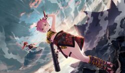 2girls agatsuma_sora animal_print belt belt_buckle bikini black_belt black_footwear buckle cinderella_series cloud club club_(weapon) double_bun dutch_angle fake_horns film_grain floral_print from_below full_body game_cg hachigatsu_no_cinderella_nine hair_bun highres holding holding_club holding_weapon horns kanabou light_particles light_rays looking_at_viewer mountain multiple_girls non-web_source official_alternate_hairstyle official_art on_cloud oni_costume open_mouth outdoors pink_hair print_bikini red_eyes sakurada_chiyo sitting sky spiked_club standing sunbeam sunlight swimsuit tiger_print torii weapon yellow_eyes