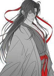 1boy absurdres ahoge bishounen black_hair black_hanfu chest_tattoo chinese_clothes coat collarbone grey_coat greyscale hair_down hair_ribbon half_updo hanfu highres long_hair long_sleeves looking_at_viewer male_focus modao_zushi monochrome official_alternate_costume official_alternate_hairstyle open_clothes open_coat parted_lips pectoral_cleavage pectorals red_eyes red_ribbon red_sash ribbon robe sash sidelocks signature simple_background solo spot_color tattoo tsubame-shi_(tubame) twitter_username upper_body wei_wuxian wei_wuxian_(yiling_laozu) white_background wide_sleeves