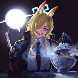1girl animal_ears backlighting black_gloves black_jacket black_necktie blonde_hair blue_archive blue_eyes blue_shirt bowl breasts chopsticks collared_shirt commentary food gloves hair_over_one_eye halo hands_up head_tilt highres holding holding_chopsticks holding_lid interrogation jacket kanna_(blue_archive) katsudon_(food) lamp large_breasts lid long_hair long_sleeves looking_at_viewer necktie one_eye_covered open_clothes open_jacket osakana_(denpa_yun&#039;yun) sharp_teeth shirt smile solo steam symbol-only_commentary table teeth upper_body