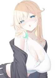 1girl :o aizawa_ema aizawa_ema_(4th_costume) bare_shoulders black_jacket black_shorts blonde_hair blue_eyes blue_hair breasts cleavage crop_top gradient_hair hair_flaps head_tilt highres jacket large_breasts long_hair looking_at_viewer multicolored_hair off_shoulder open_clothes open_jacket open_mouth shorts simple_background sino_(oyasumi_hf) solo tank_top virtual_youtuber vspo! white_background white_tank_top