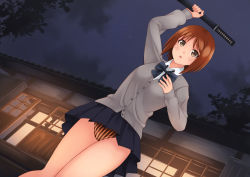 1girl akatsuki_miho akemiho_tabi_nikki arm_up bad_id bad_pixiv_id brown_eyes brown_hair building female_focus from_below kodachi kouno_hikaru night night_sky outdoors panties pantyshot short_hair short_sword sky solo standing striped_clothes striped_panties sword tree underwear weapon