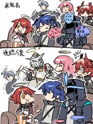 1other 2boys 4girls ^^^ andoain_(arknights) arknights armor bad_tag before_and_after black_coat black_gloves blue_hair brown_shirt chibi coat commentary couch covered_face doctor_(arknights) double_v eating exusiai_(arknights) faceless faceless_female facing_another fiammetta_(arknights) food full_armor full_mouth gloves grey_hair hair_over_one_eye halo hand_fan head_wings headband helmet holding holding_fan holding_food hood hood_up hooded_coat horns knight lemuen_(arknights) long_hair looking_at_another mostima_(arknights) multiple_boys multiple_girls mutomorokoshi nervous_sweating on_couch open_clothes open_coat paper_fan pink_hair popcorn red_hair sankta_miksaparato_(arknights) shirt short_hair simple_background sitting sweat translated trembling uchiwa v white_background wings yellow_eyes