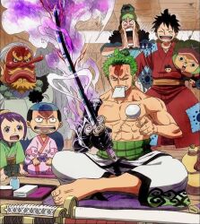 1girl 6+boys abs black_hair closed_eyes curly_hair earrings facial_hair facial_scar goatee green_hair green_hat grey_hair hat headphones high_ponytail holding holding_sword holding_weapon hooves japanese_clothes jewelry katana kimono kouzuki_momonosuke kouzuki_sukiyaki kurozumi_tama long_hair long_nose long_sleeves mask medium_hair monkey_d._luffy mouth_hold multiple_boys oda_eiichirou official_alternate_costume official_alternate_hairstyle official_art old old_man one_eye_closed one_piece open_mouth ponytail purple_hair roronoa_zoro scar scar_on_cheek scar_on_face short_hair single_earring sitting smile straw_hat sword teeth tengu_mask third-party_source tony_tony_chopper topknot topless_male unworn_hat unworn_headwear usopp weapon
