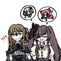 Rule 34 | 4girls, :&gt;, ?, ??, arm at side, arms at sides, artist name, assault lily, black capelet, black flower, black hairband, black ribbon, black sailor collar, blue sailor collar, blush, bow, bow hairband, bright pupils, brown skirt, capelet, chibi, closed eyes, closed mouth, collared shirt, commentary, detached sleeves, diagonal bangs, eye color connection, flower, frilled sleeves, frills, green eyes, grey hair, hair bow, hair flower, hair ornament, hair over one eye, hair ribbon, hairband, hairpods, hand on another&#039;s shoulder, hand up, heterochromia, high-waist skirt, kamigoori marimo, kuo shenlin, looking at viewer, low ponytail, mayu (yu e1602), multiple girls, neck ribbon, neckerchief, no mouth, odaiba girls high school uniform, one side up, open mouth, pink eyes, ponytail, puffy short sleeves, puffy sleeves, purple flower, purple neckerchief, raised eyebrows, red eyes, red hair, ribbon, sailor collar, school uniform, shiba tomoshibi, shirt, short sleeves, side-by-side, sidelocks, simple background, single tear, skirt, smile, speech bubble, spoken character, suspender skirt, suspenders, turn pale, twintails, upper body, white background, white neckerchief, white pupils, white shirt, yamaguchi chihiro (assault lily), yellow eyes, yurigaoka girls academy school uniform