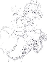 1girl bad_anatomy bad_proportions blush_stickers braid breasts female_focus highres izayoi_sakuya knife lineart long_neck maid maid_headdress monochrome saltydanshark solo throwing_knife touhou transparent_background twin_braids weapon