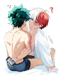 2boys ? abs ass back bare_back barefoot bite_mark blue_eyes blush boku_no_hero_academia bones_(company) burn_scar cellphone cellphone_photo curly_hair embarrassed feet green_eyes grey_eyes hickey_marks highres legs messy_hair midoriya_izuku multicolored_hair multiple_boys nervous pectorals phone red_hair scar scar_on_arm scar_on_hand scratches shirt short_hair shounen_jump sleeping smile sweatdrop tododeku todoroki_shouto two-tone_hair underwear underwear_only white_hair xtdk8zu yaoi