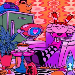 1girl animal_crossing animated animated_gif apple black_footwear boombox cake chair checkered_floor computer eating egg eyelashes floral_print food fruit frying_pan green_eyes heart holding holding_food holding_fruit jinx88_(jinx) kettle laptop lava_lamp nintendo pantyhose pink_shirt plant potted_plant apple red_hair refrigerator rug shirt short_twintails smile solo steam striped_clothes striped_pantyhose t-shirt table tea twintails villager_(animal_crossing)