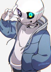 Rule 34 | 1boy, absurdres, aqua eyes, black sclera, blue jacket, chromatic aberration, colored sclera, commentary request, drawstring, film grain, flaming eye, from above, grey background, grey hood, grin, hand in pocket, hand up, heterochromia, highres, hood, hooded jacket, jacket, long sleeves, looking at viewer, male focus, open clothes, open jacket, oshi no ko, puffy long sleeves, puffy sleeves, sans (undertale), shirt, simple background, skeleton, smile, solo, sonokare, star (symbol), twitter username, undertale, upper body, v, v over eye, white shirt