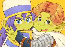 Rule 34 | 2boys, aqua gloves, armor, blue eyes, blue hair, blue trim, cape, character request, cheek-to-cheek, colored skin, commentary request, dragon quest, dragon quest x, duura (dq10), gloves, green skin, grey eyes, hat, heads together, hijirino yuuta, hug, large ears, long hair, looking at viewer, male focus, multiple boys, open mouth, orange hair, parted hair, robe, smile, upper body, waving, white cape, white robe, yellow background, yellow trim
